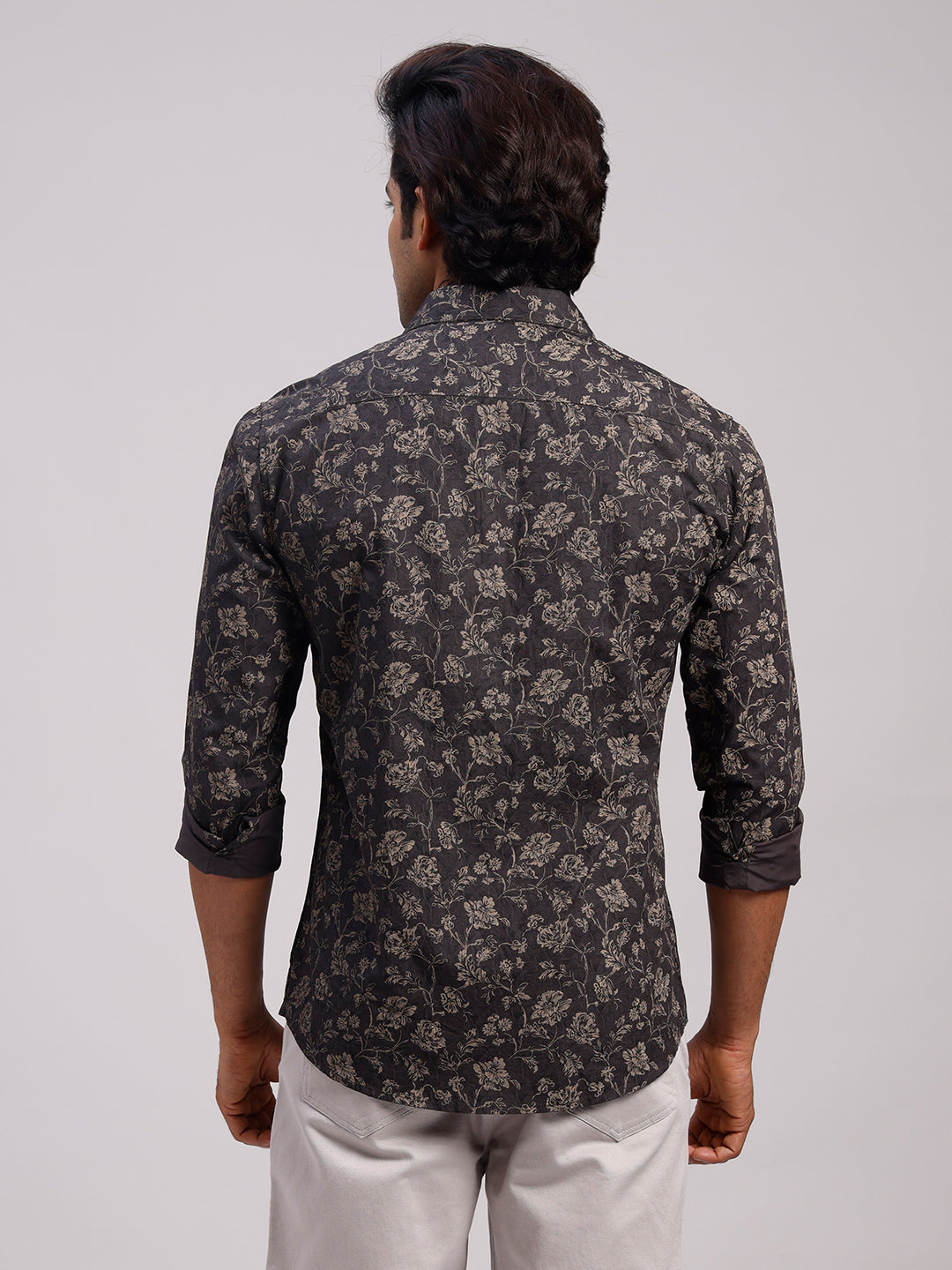 Classic Polo Men's Full Sleeve Charcoal Grey/Beige Polo Neck Slim Fit All-Over Print Cotton Casual Shirt | SR1-CL-24 A-FS-PRT-SF
