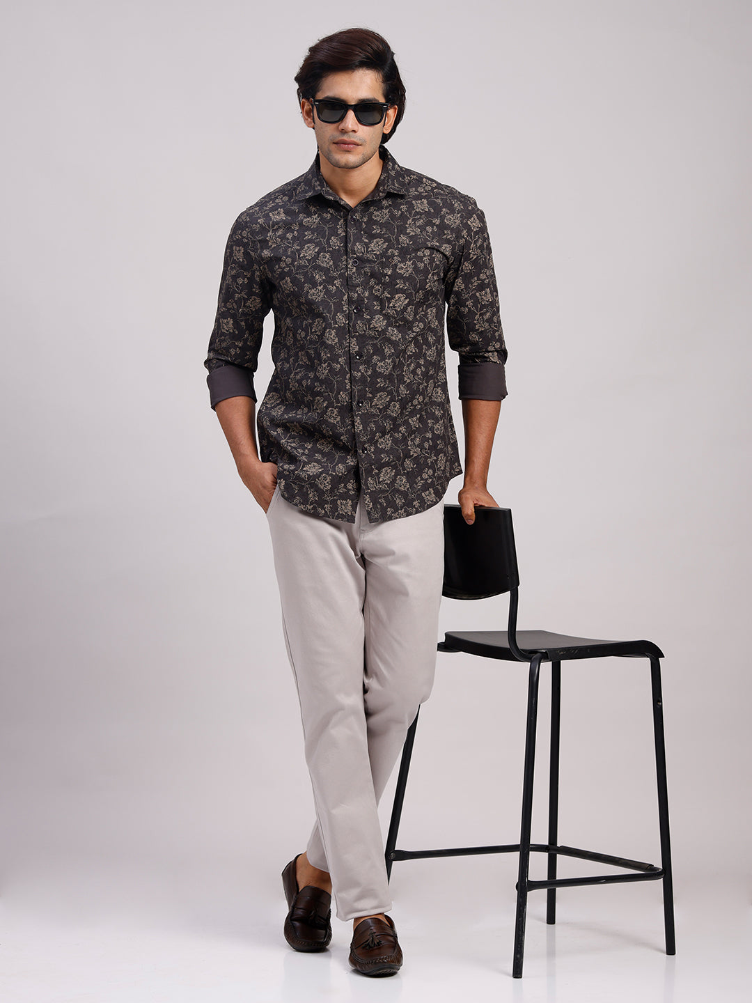 Classic Polo Men's Full Sleeve Charcoal Grey/Beige Polo Neck Slim Fit All-Over Print Cotton Casual Shirt | SR1-CL-24 A-FS-PRT-SF