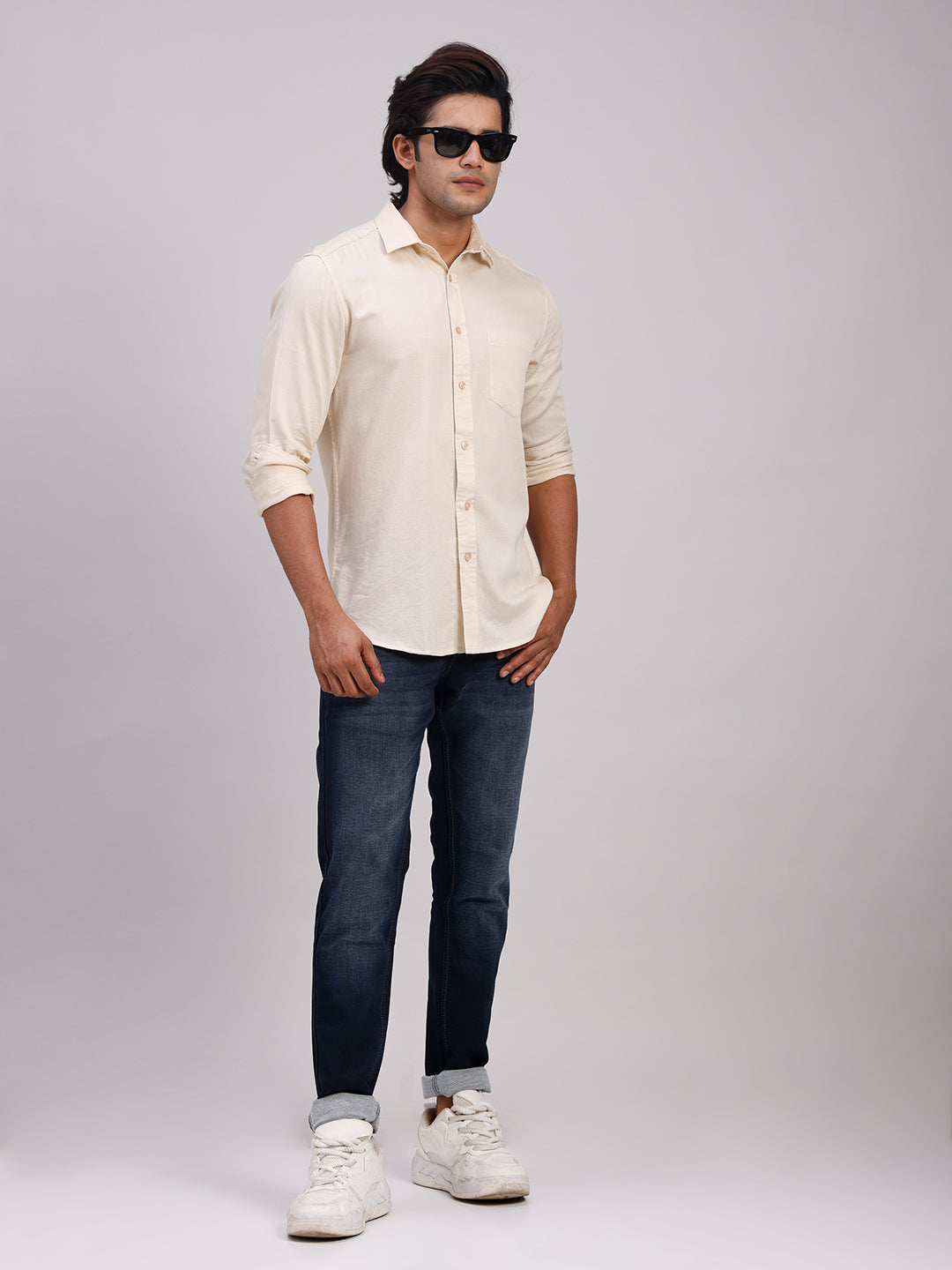 Classic Polo Men's Full Sleeve Cream Polo Neck Slim Fit Solid Cotton Casual Shirt | LSHR1-EL-18 B-FS-SLD-SF