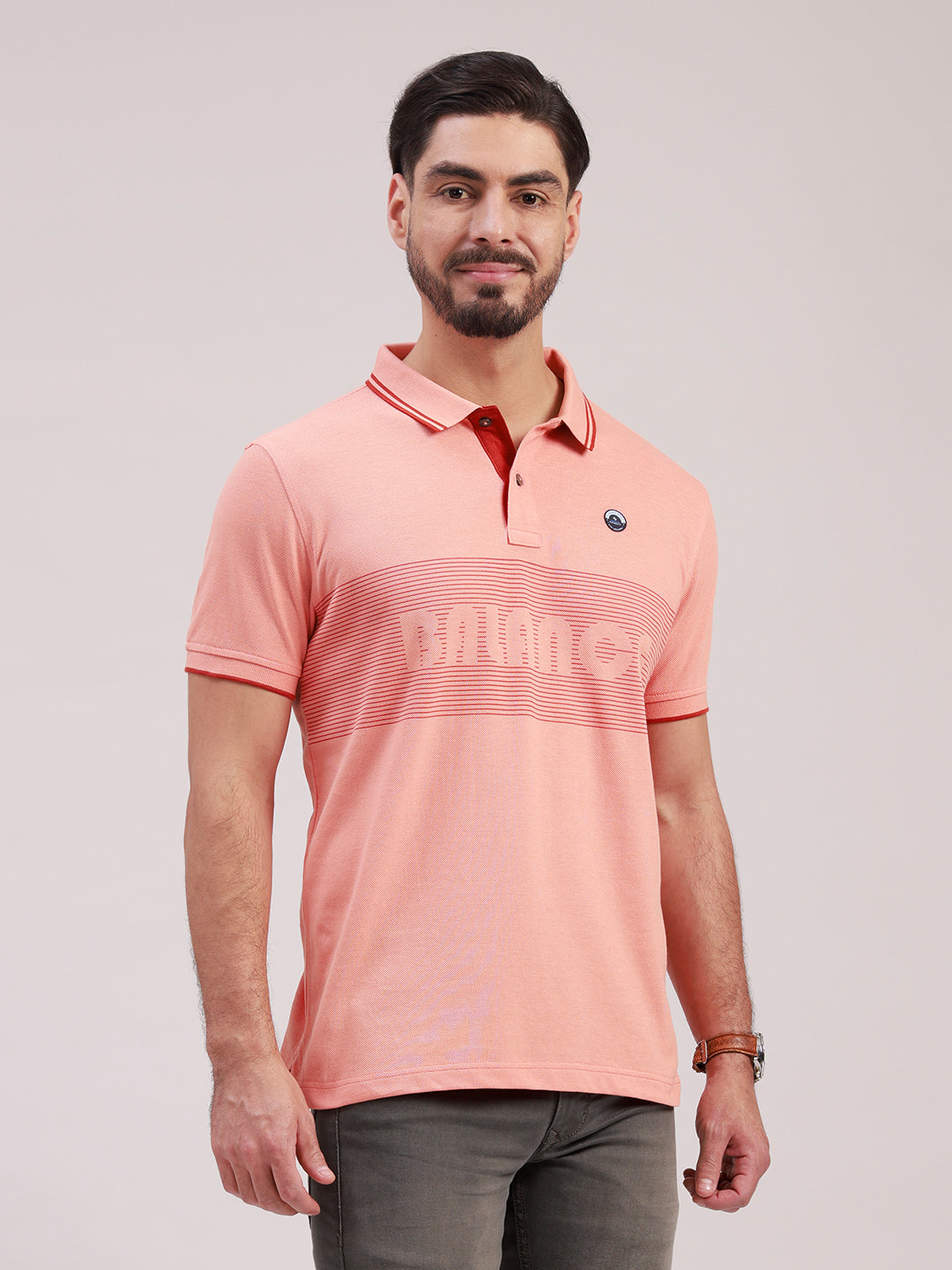 Classic Polo Men's Half Sleeve Orange Polo Neck Slim Fit Striped Cotton T-Shirt | PRM - 828 A SF P