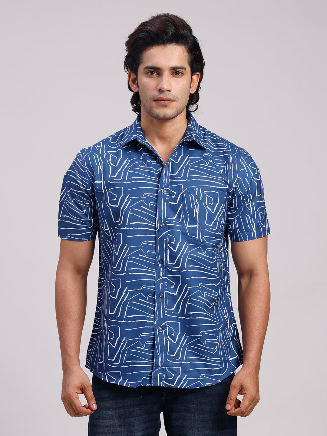 Classic Polo Men's Half Sleeve Indigo Blue/White Polo Neck Slim Fit All-Over Print Cotton Casual Shirt | SR1-CL-16 B-HS-PRT-SF