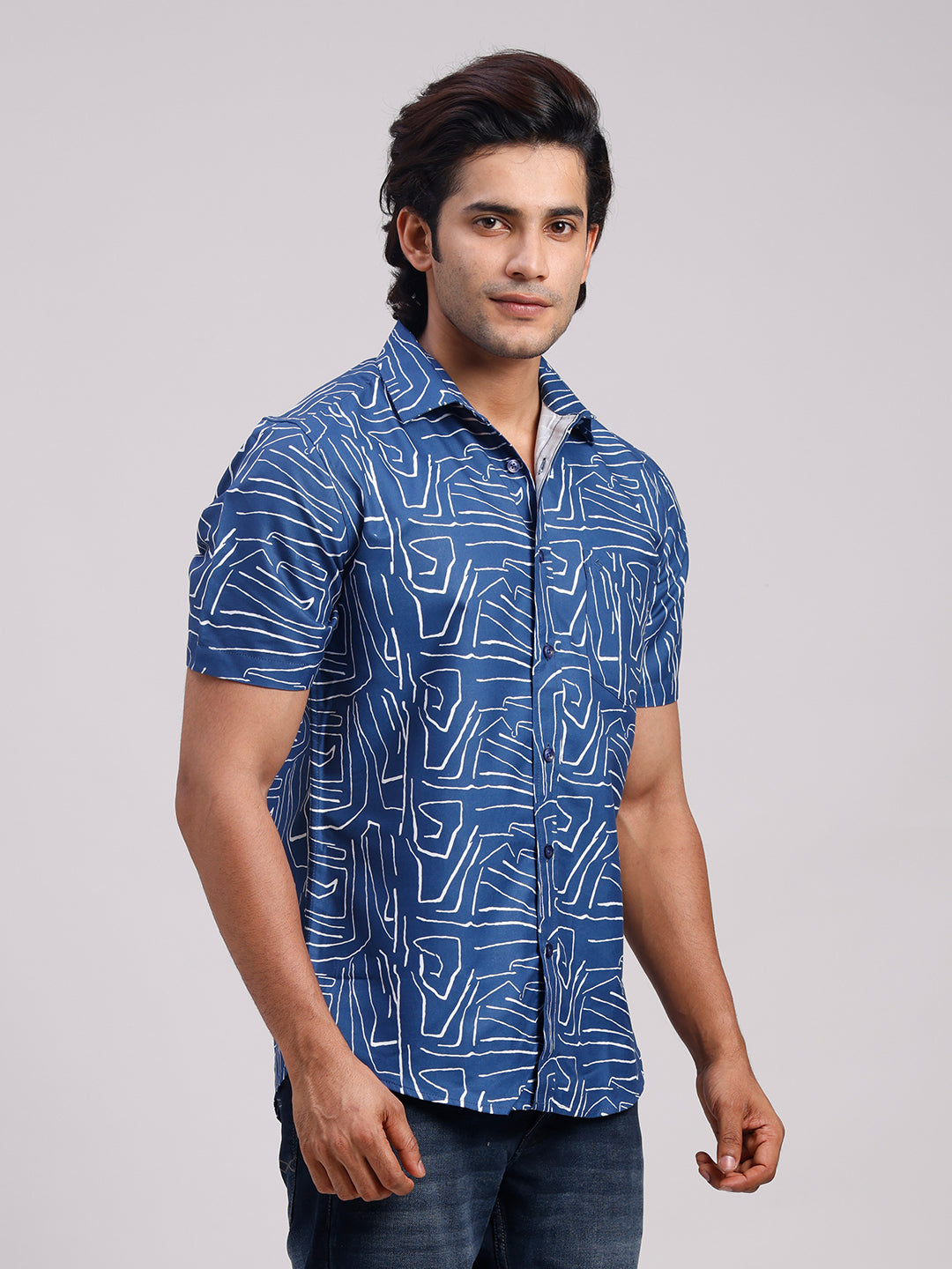 Classic Polo Men's Half Sleeve Indigo Blue/White Polo Neck Slim Fit All-Over Print Cotton Casual Shirt | SR1-CL-16 B-HS-PRT-SF