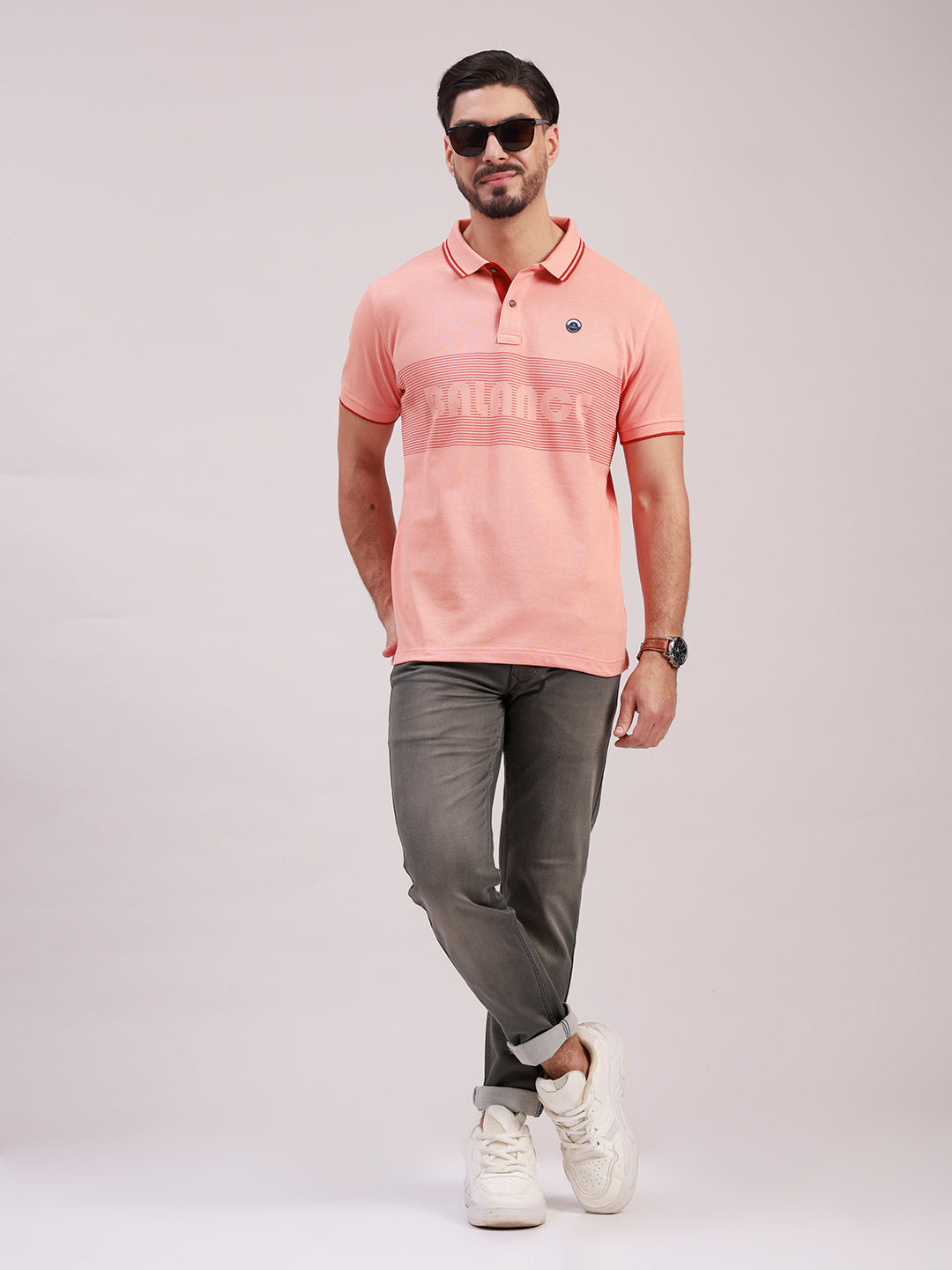 Classic Polo Men's Half Sleeve Orange Polo Neck Slim Fit Striped Cotton T-Shirt | PRM - 828 A SF P