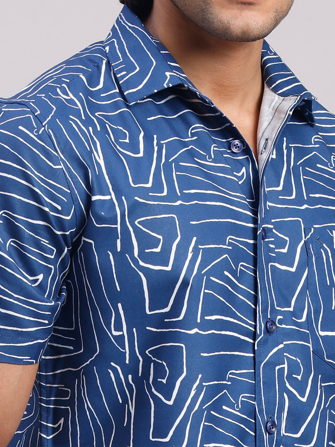 Classic Polo Men's Half Sleeve Indigo Blue/White Polo Neck Slim Fit All-Over Print Cotton Casual Shirt | SR1-CL-16 B-HS-PRT-SF
