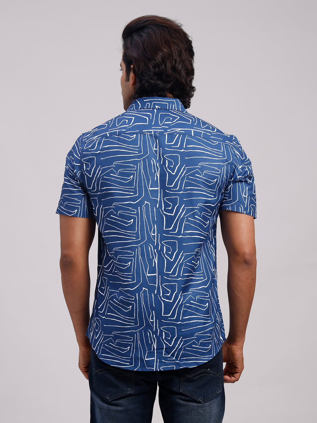 Classic Polo Men's Half Sleeve Indigo Blue/White Polo Neck Slim Fit All-Over Print Cotton Casual Shirt | SR1-CL-16 B-HS-PRT-SF
