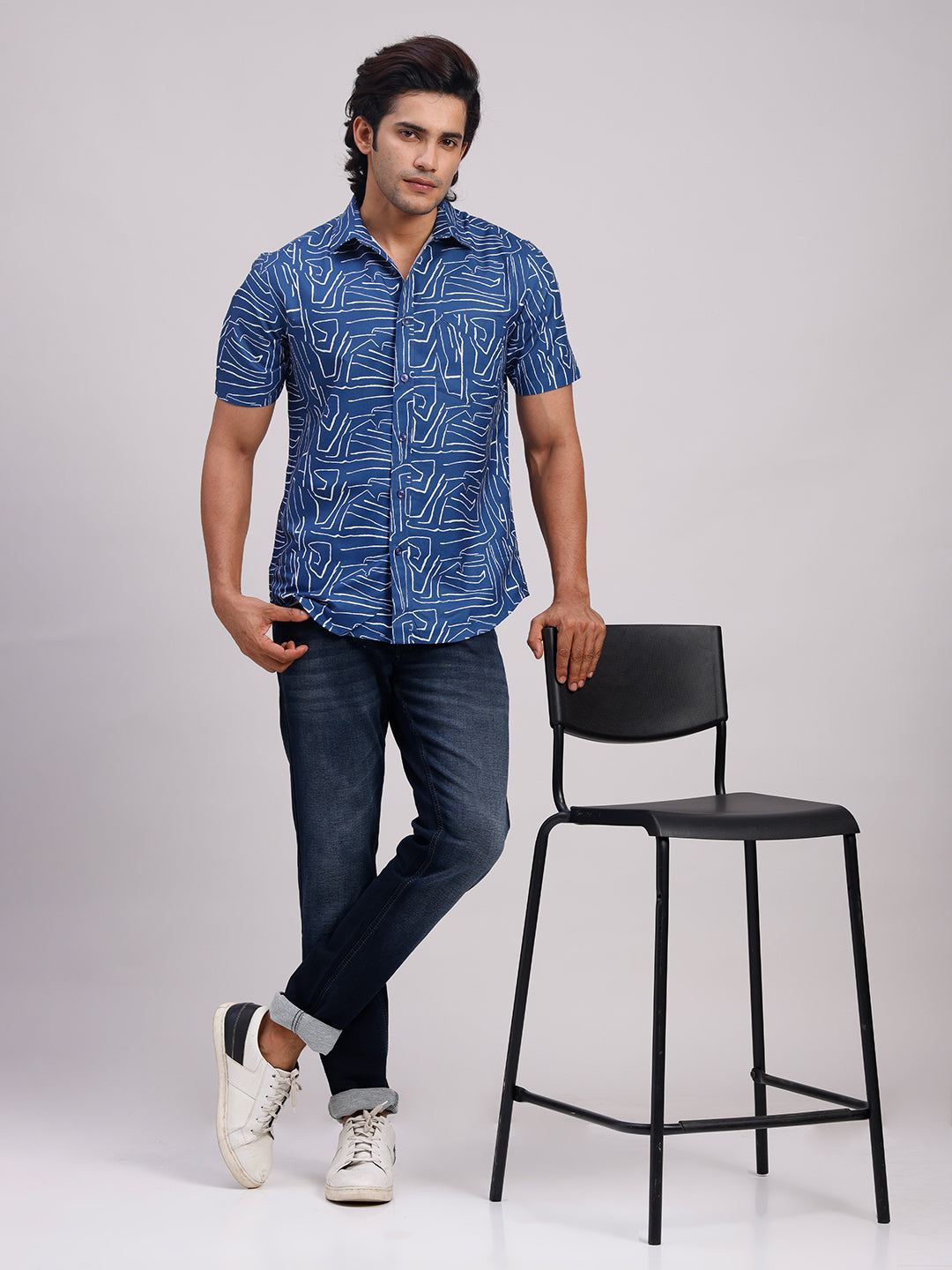 Classic Polo Men's Half Sleeve Indigo Blue/White Polo Neck Slim Fit All-Over Print Cotton Casual Shirt | SR1-CL-16 B-HS-PRT-SF