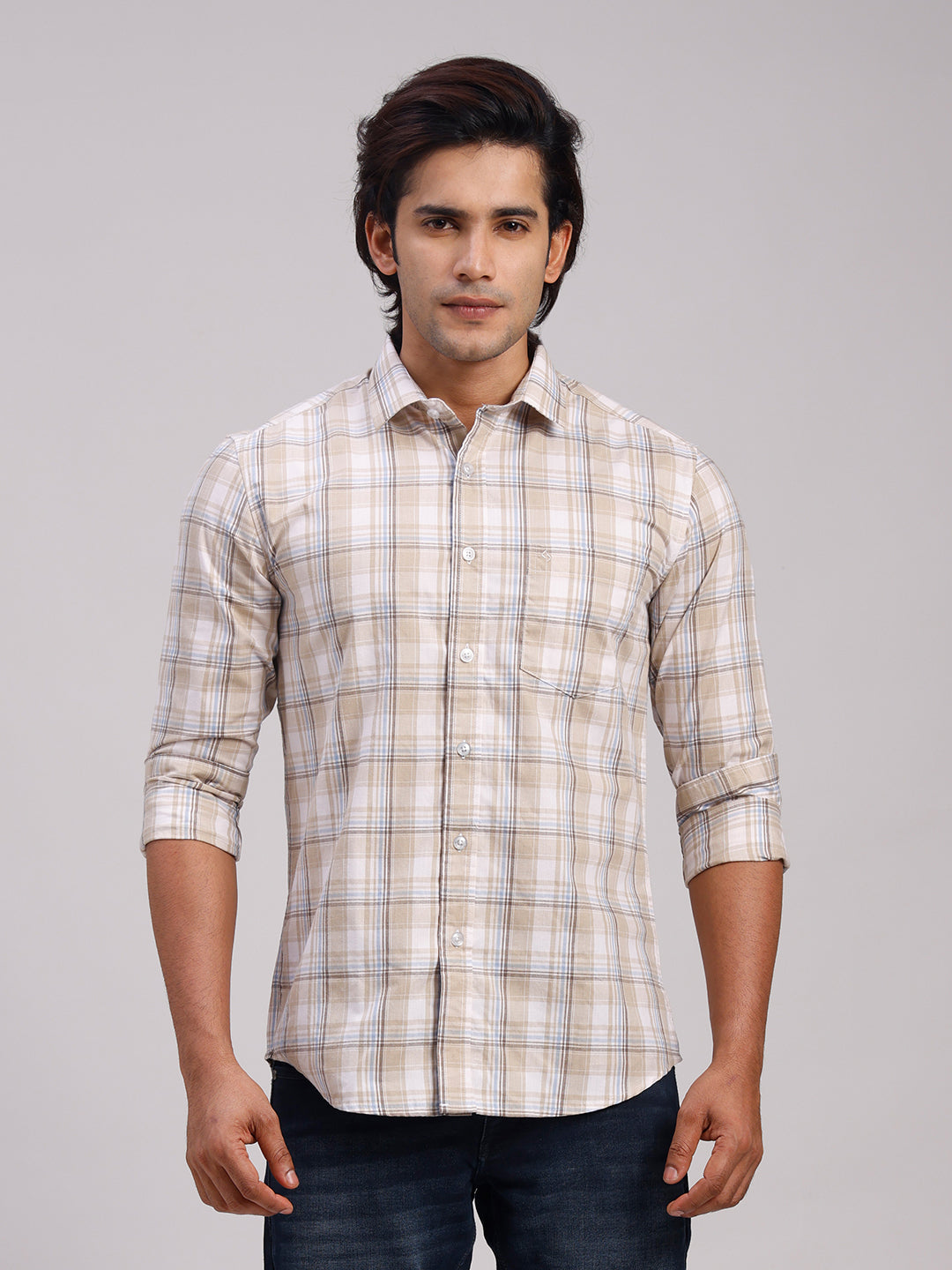 Classic Polo Men's Full Sleeve Beige/White Polo Neck Slim Fit Checked Cotton Casual Shirt | SR1-EL-12 A-FS-CHK-SF