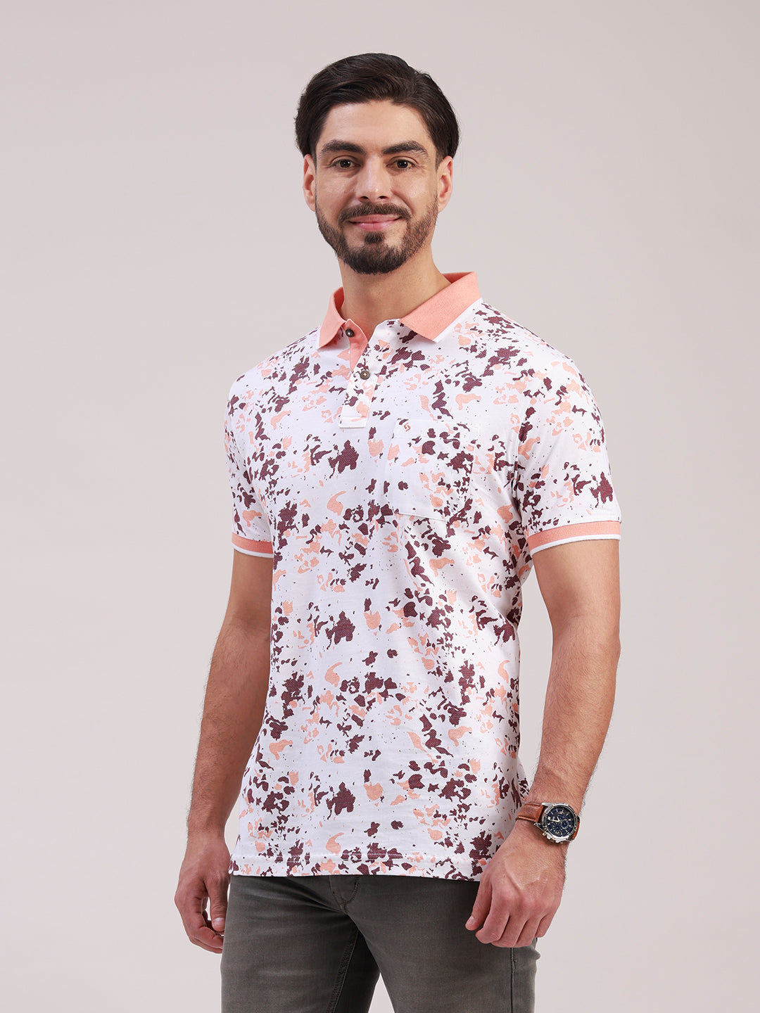 Classic Polo Men's Half Sleeve White/Maroon Polo Neck Slim Fit All-Over Print Cotton T-Shirt | BELLO - 416 B SF P