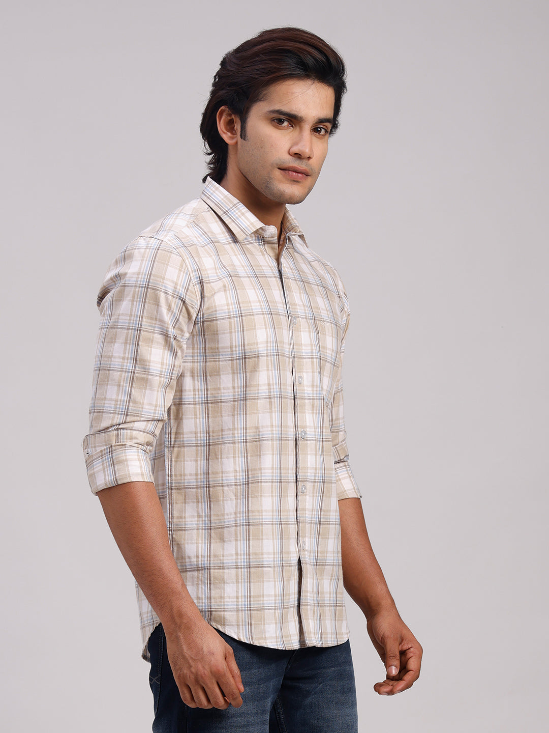 Classic Polo Men's Full Sleeve Beige/White Polo Neck Slim Fit Checked Cotton Casual Shirt | SR1-EL-12 A-FS-CHK-SF