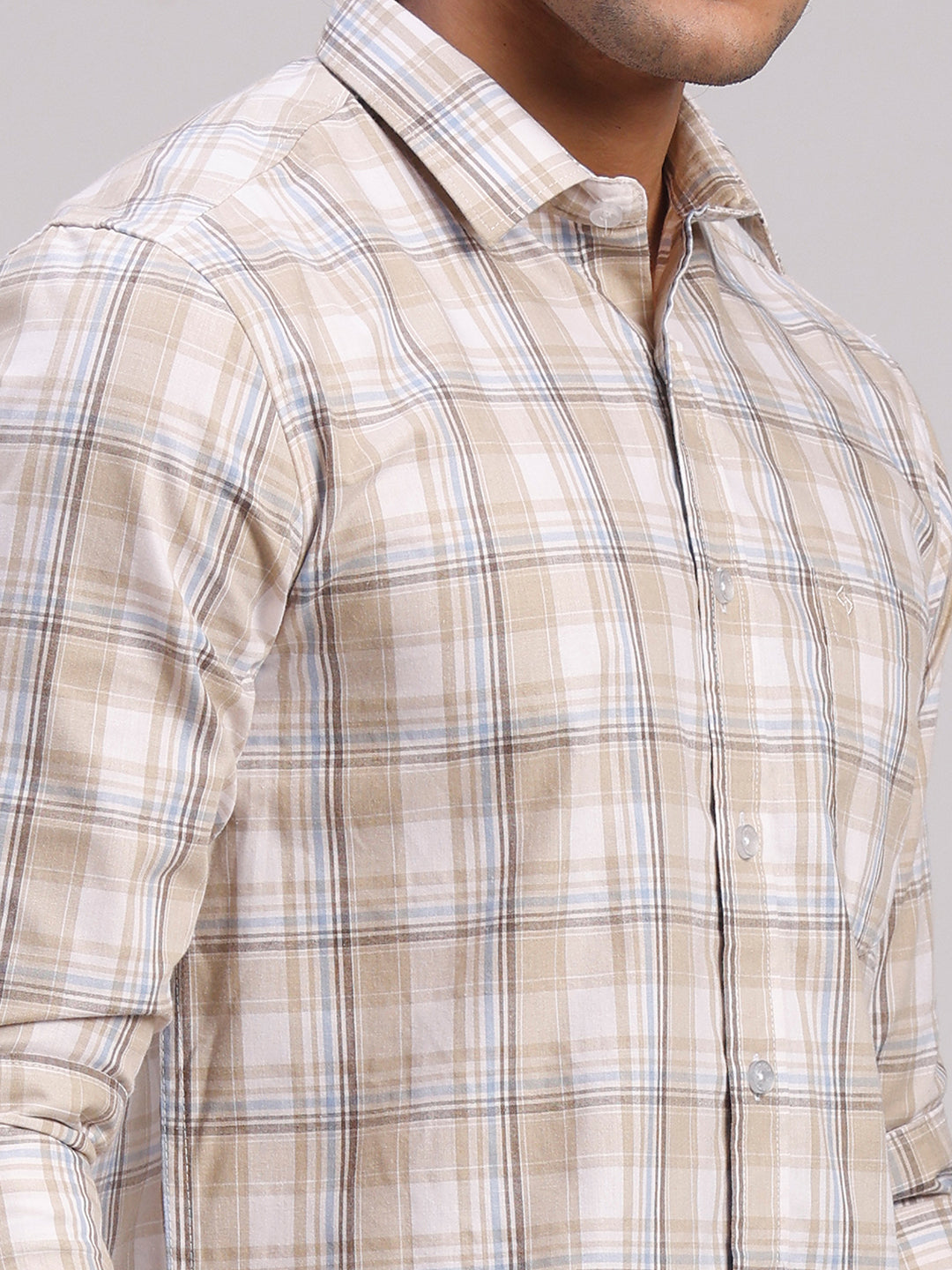 Classic Polo Men's Full Sleeve Beige/White Polo Neck Slim Fit Checked Cotton Casual Shirt | SR1-EL-12 A-FS-CHK-SF