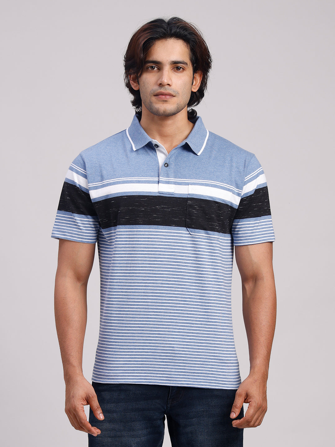 Classic Polo Men's Half Sleeve Denim Blue/White Polo Neck Authentic Fit Striped Cotton Blend T-Shirt | MEL - 289 A AF P