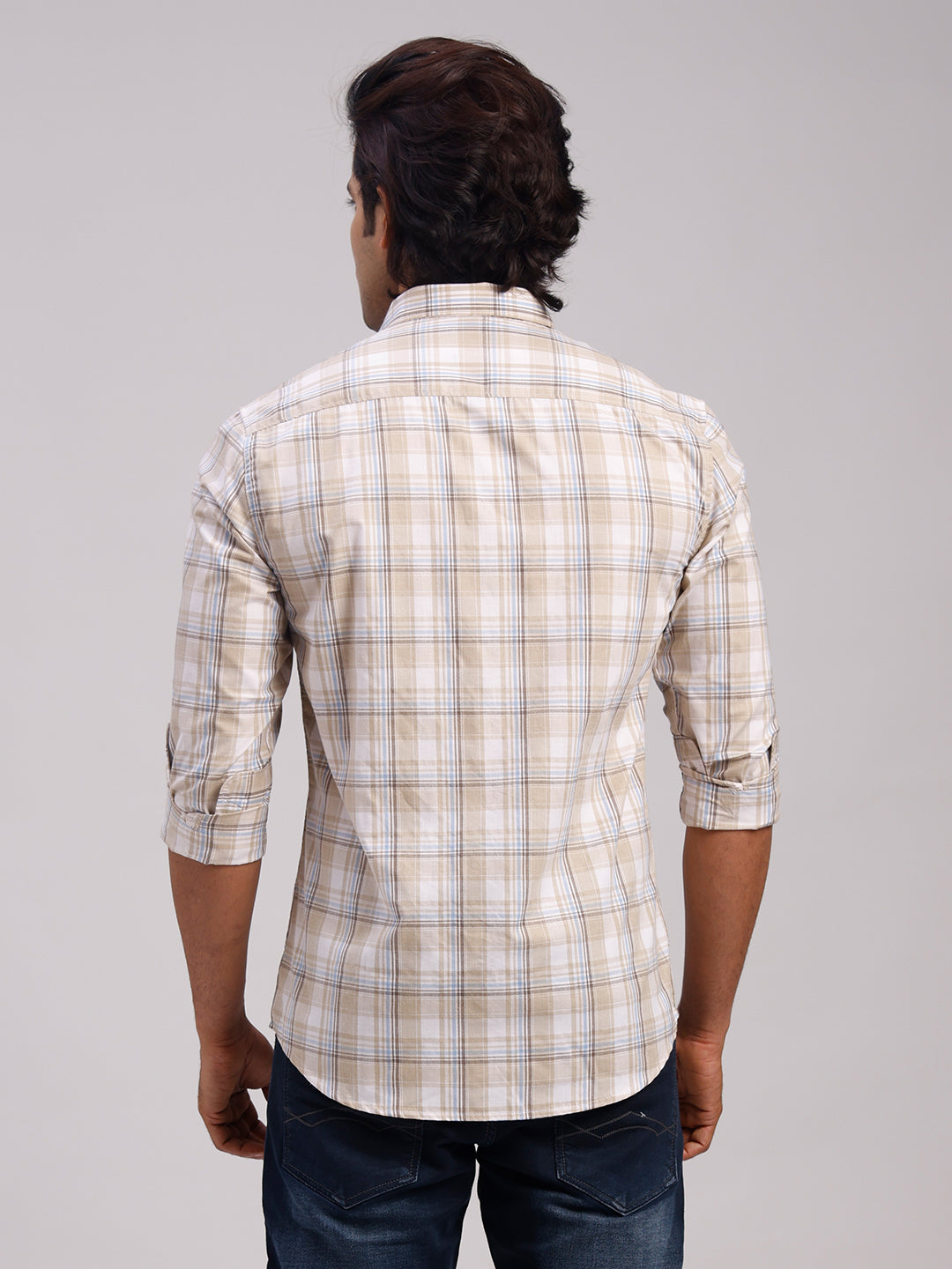 Classic Polo Men's Full Sleeve Beige/White Polo Neck Slim Fit Checked Cotton Casual Shirt | SR1-EL-12 A-FS-CHK-SF