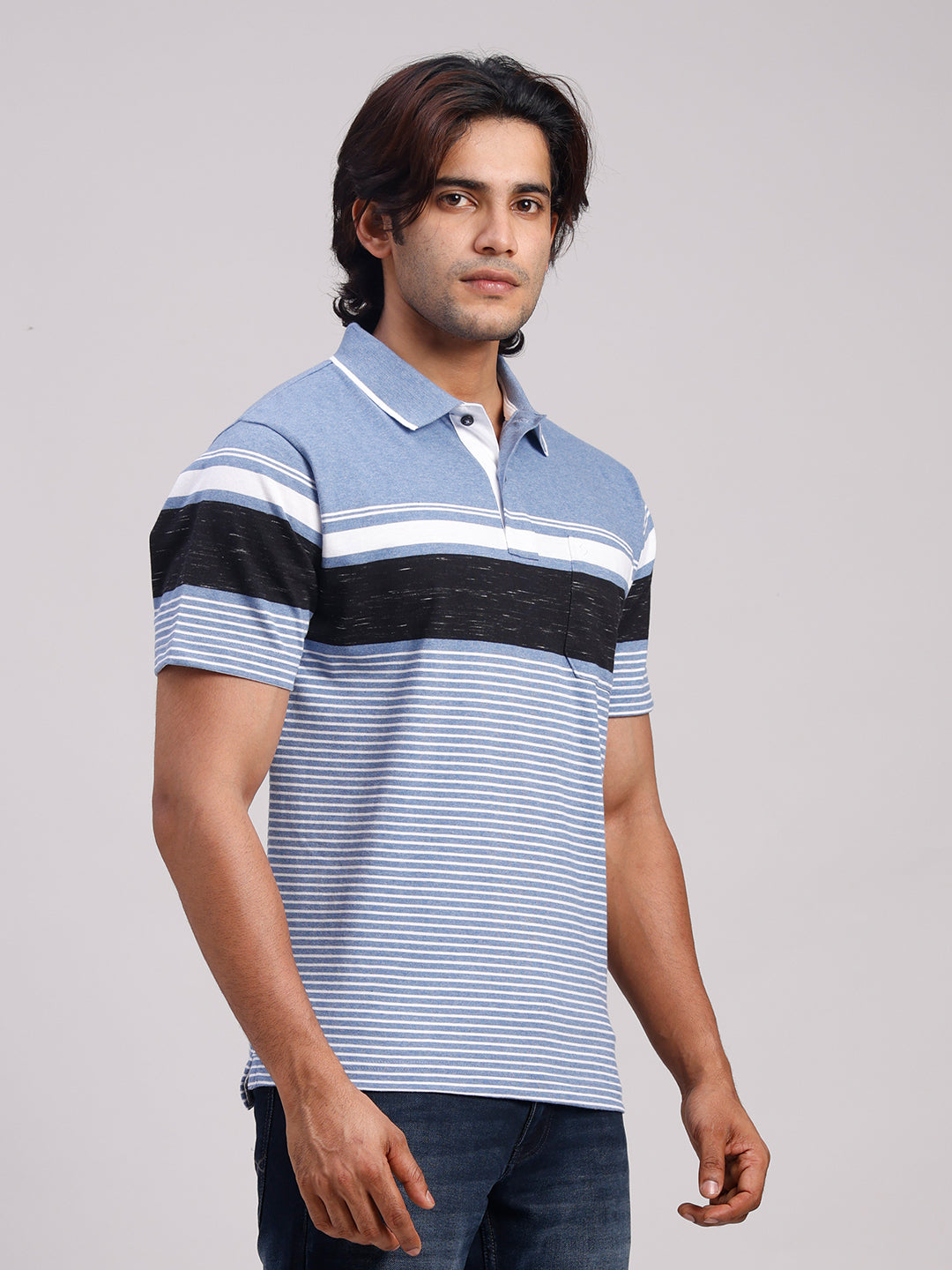 Classic Polo Men's Half Sleeve Denim Blue/White Polo Neck Authentic Fit Striped Cotton Blend T-Shirt | MEL - 289 A AF P