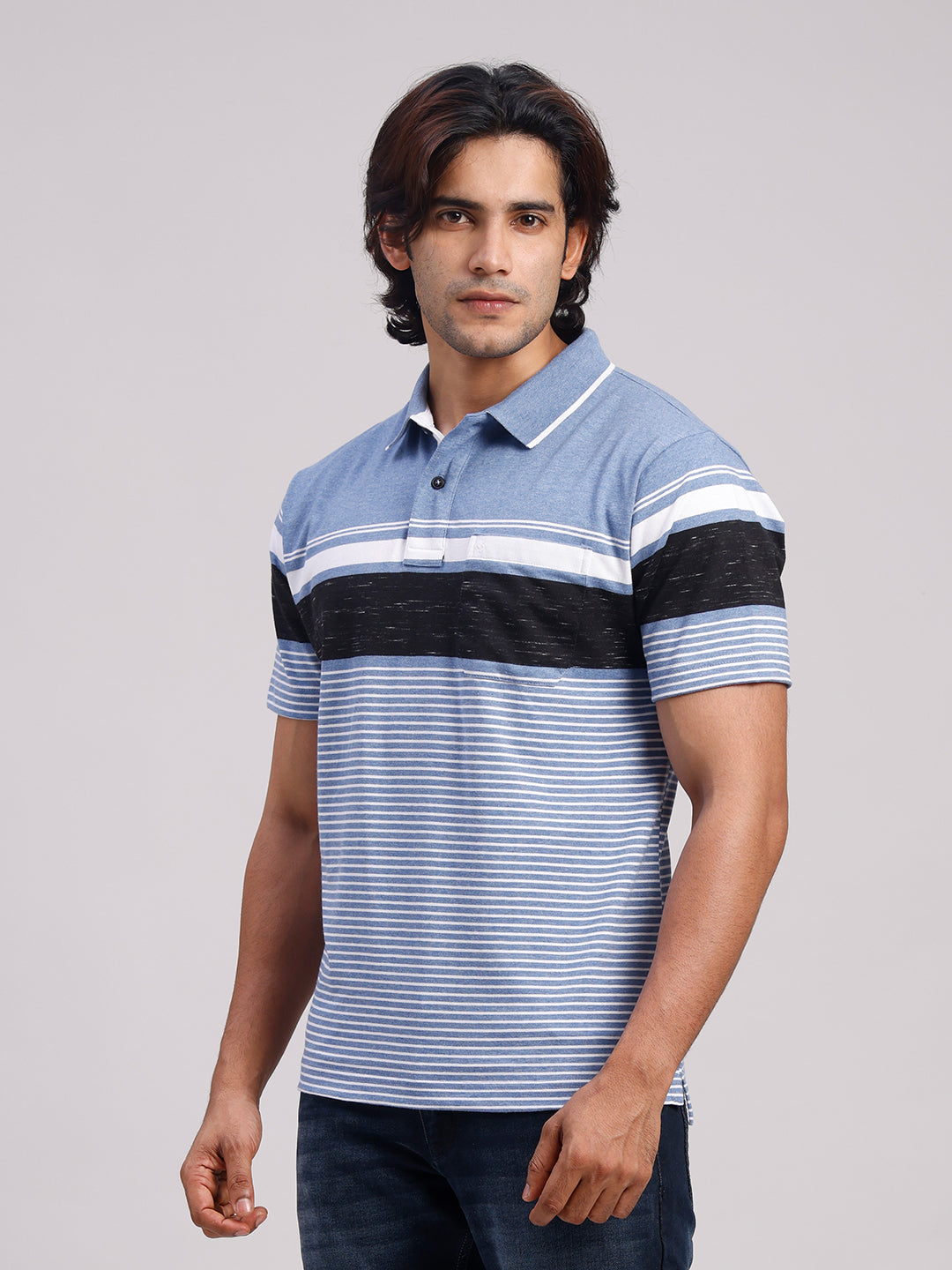 Classic Polo Men's Half Sleeve Denim Blue/White Polo Neck Authentic Fit Striped Cotton Blend T-Shirt | MEL - 289 A AF P