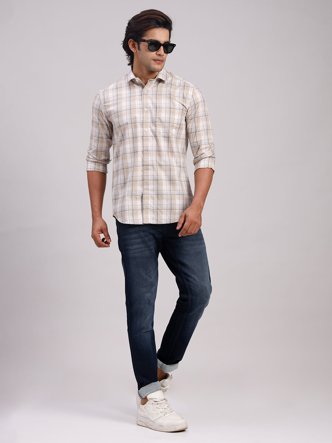 Classic Polo Men's Full Sleeve Beige/White Polo Neck Slim Fit Checked Cotton Casual Shirt | SR1-EL-12 A-FS-CHK-SF
