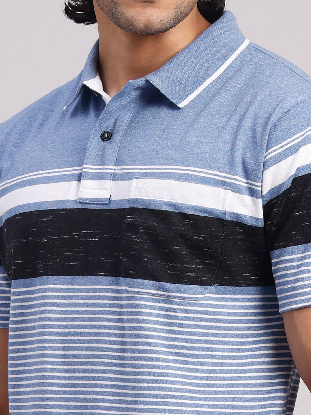 Classic Polo Men's Half Sleeve Denim Blue/White Polo Neck Authentic Fit Striped Cotton Blend T-Shirt | MEL - 289 A AF P