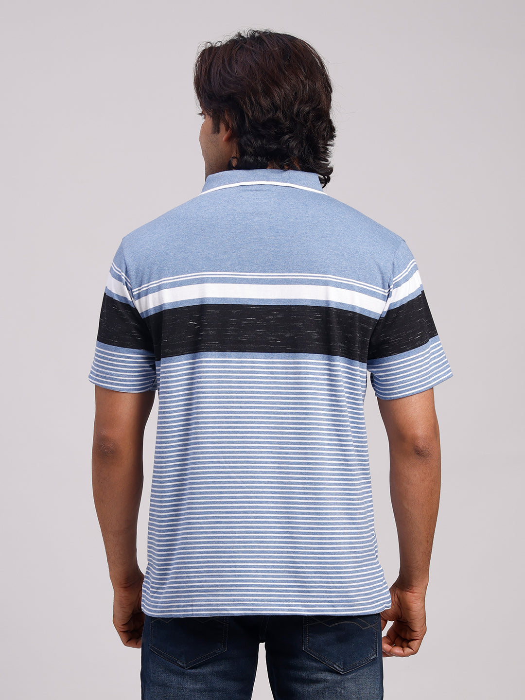 Classic Polo Men's Half Sleeve Denim Blue/White Polo Neck Authentic Fit Striped Cotton Blend T-Shirt | MEL - 289 A AF P