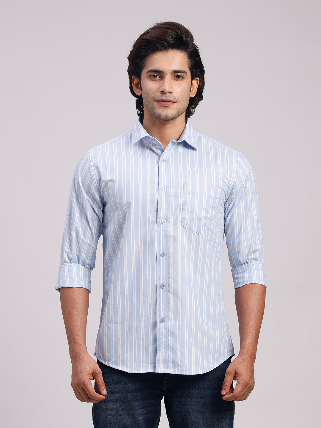 Classic Polo Men's Full Sleeve Light Blue/White Polo Neck Slim Fit Striped Cotton Casual Shirt | SR1-EL-01 A-FS-STR-SF