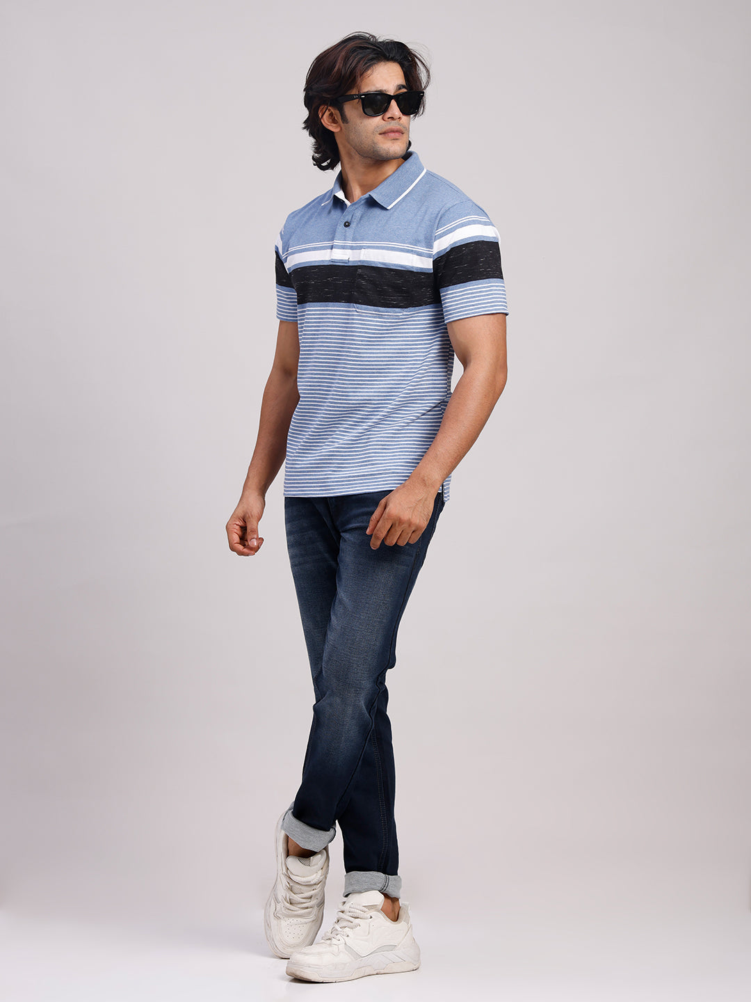 Classic Polo Men's Half Sleeve Denim Blue/White Polo Neck Authentic Fit Striped Cotton Blend T-Shirt | MEL - 289 A AF P