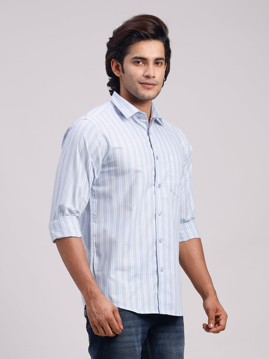 Classic Polo Men's Full Sleeve Light Blue/White Polo Neck Slim Fit Striped Cotton Casual Shirt | SR1-EL-01 A-FS-STR-SF