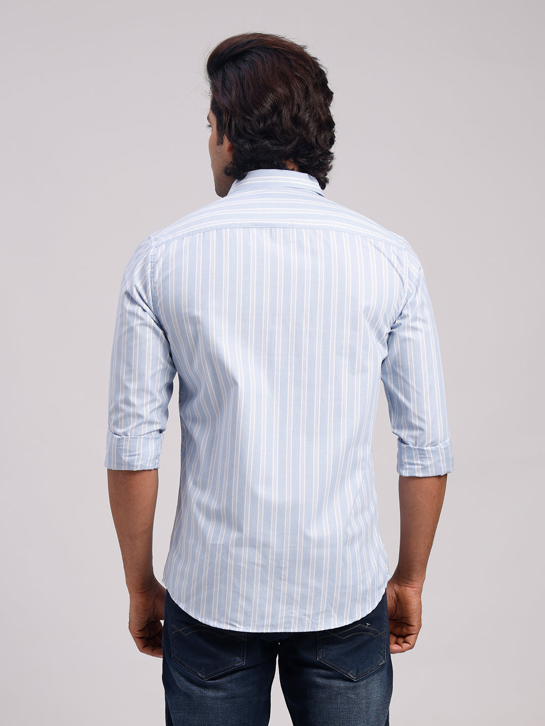 Classic Polo Men's Full Sleeve Light Blue/White Polo Neck Slim Fit Striped Cotton Casual Shirt | SR1-EL-01 A-FS-STR-SF