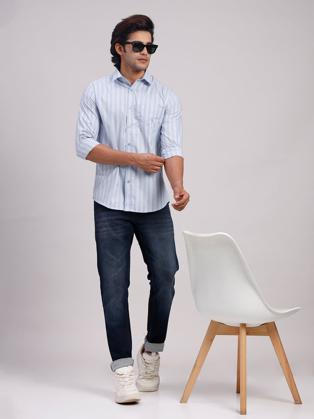 Classic Polo Men's Full Sleeve Light Blue/White Polo Neck Slim Fit Striped Cotton Casual Shirt | SR1-EL-01 A-FS-STR-SF