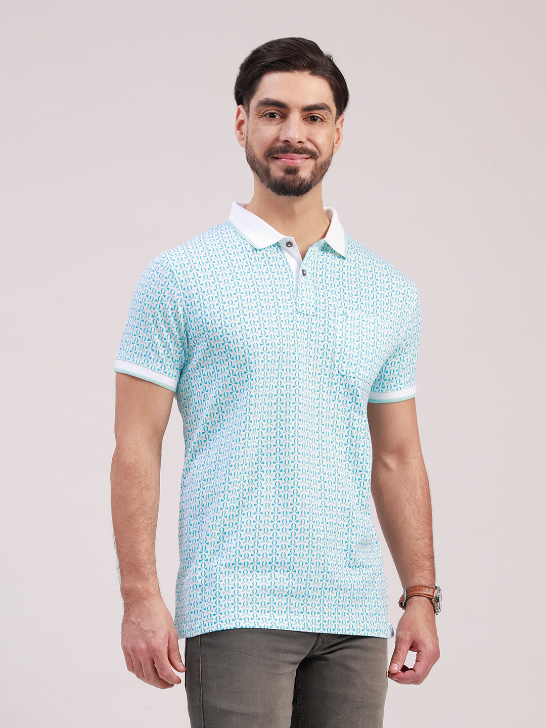 Classic Polo Men's Half Sleeve Blue/White Polo Neck Slim Fit All-Over Print Cotton T-Shirt | BELLO - 400 B SF P