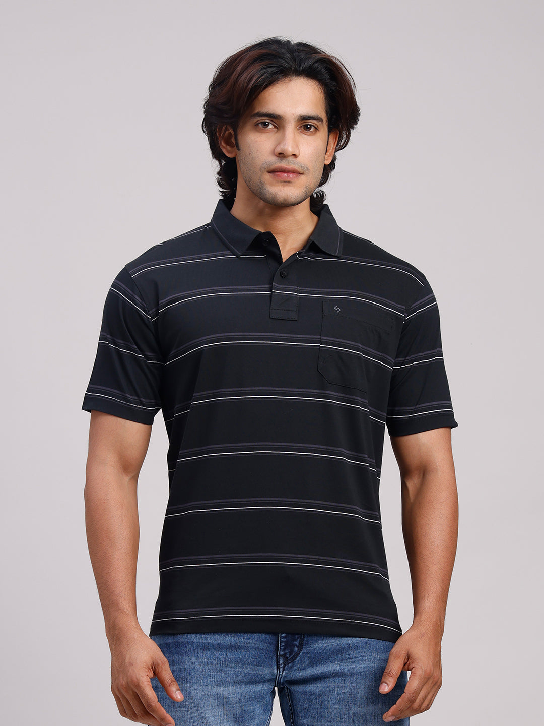 Classic Polo Men's Half Sleeve Black Polo Neck Authentic Fit Striped Cotton T-Shirt | AP - 167 B AF P