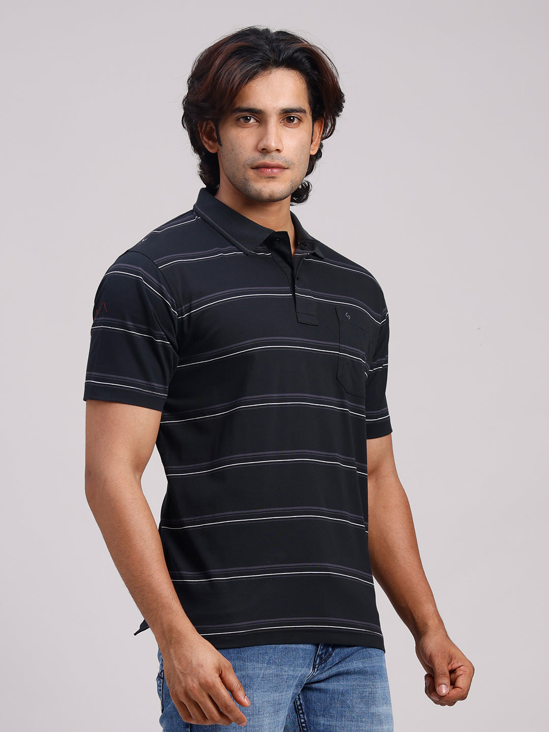 Classic Polo Men's Half Sleeve Black Polo Neck Authentic Fit Striped Cotton T-Shirt | AP - 167 B AF P