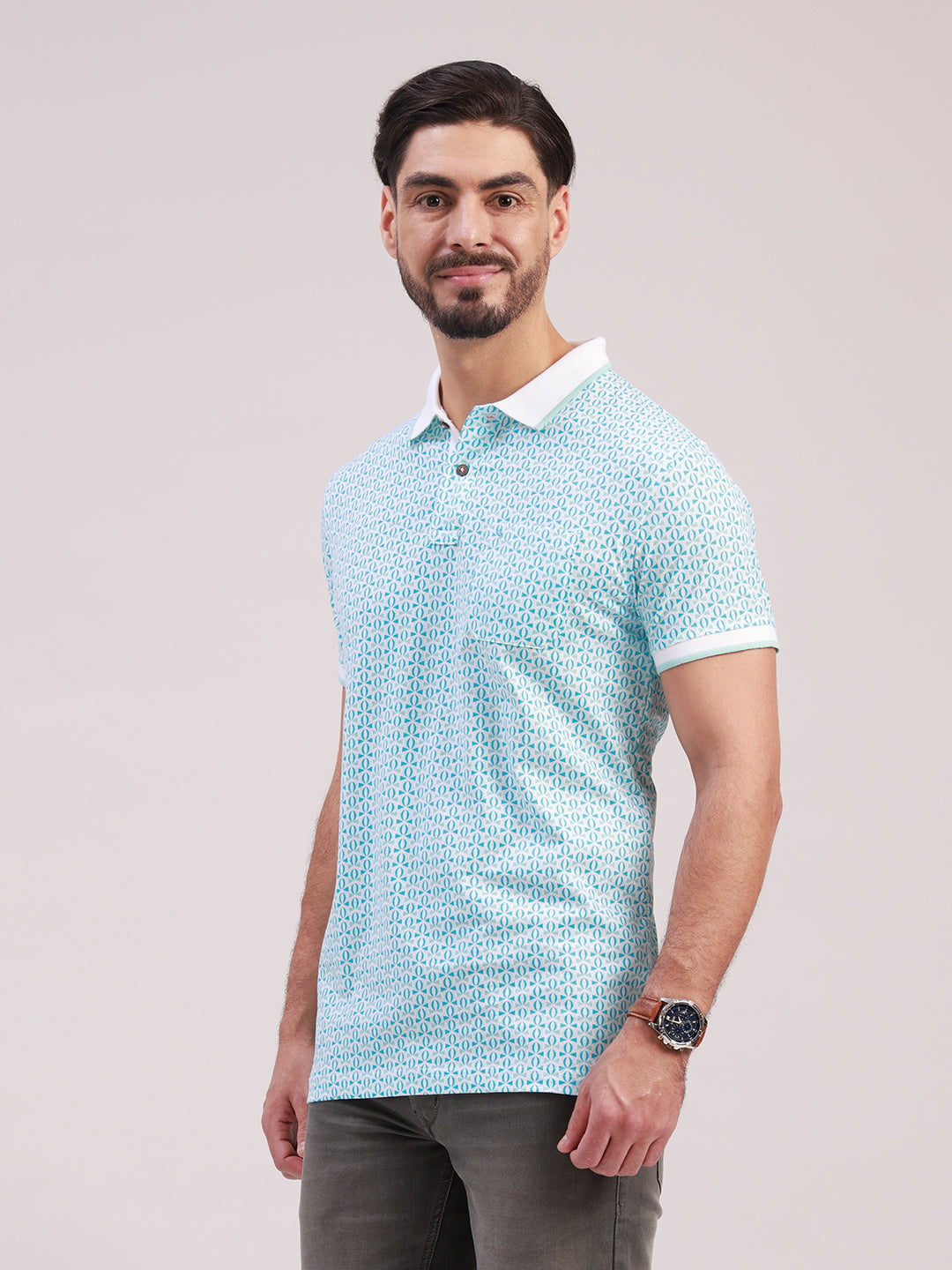 Classic Polo Men's Half Sleeve Blue/White Polo Neck Slim Fit All-Over Print Cotton T-Shirt | BELLO - 400 B SF P