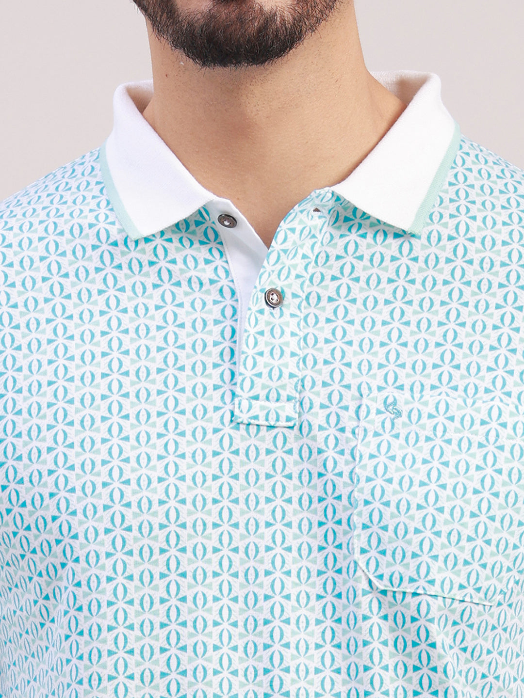 Classic Polo Men's Half Sleeve Blue/White Polo Neck Slim Fit All-Over Print Cotton T-Shirt | BELLO - 400 B SF P