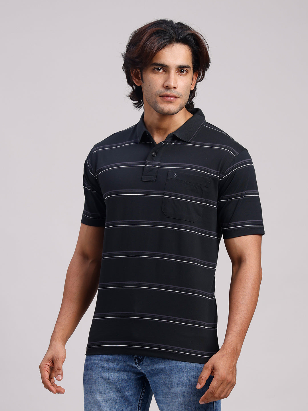 Classic Polo Men's Half Sleeve Black Polo Neck Authentic Fit Striped Cotton T-Shirt | AP - 167 B AF P