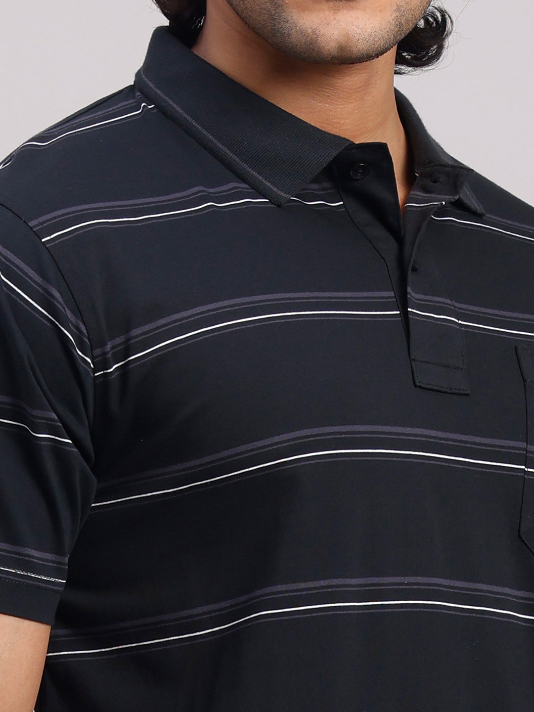 Classic Polo Men's Half Sleeve Black Polo Neck Authentic Fit Striped Cotton T-Shirt | AP - 167 B AF P