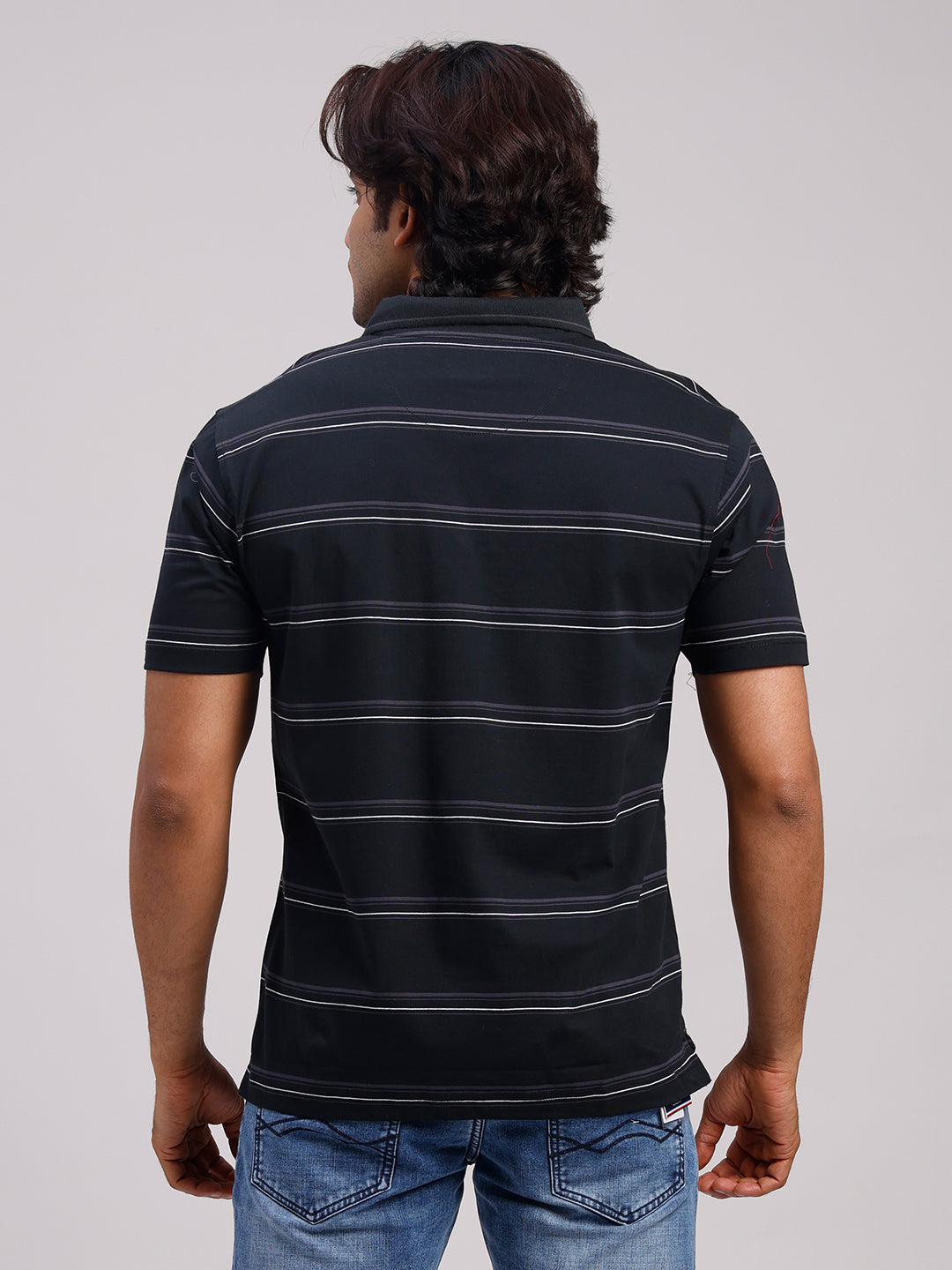 Classic Polo Men's Half Sleeve Black Polo Neck Authentic Fit Striped Cotton T-Shirt | AP - 167 B AF P