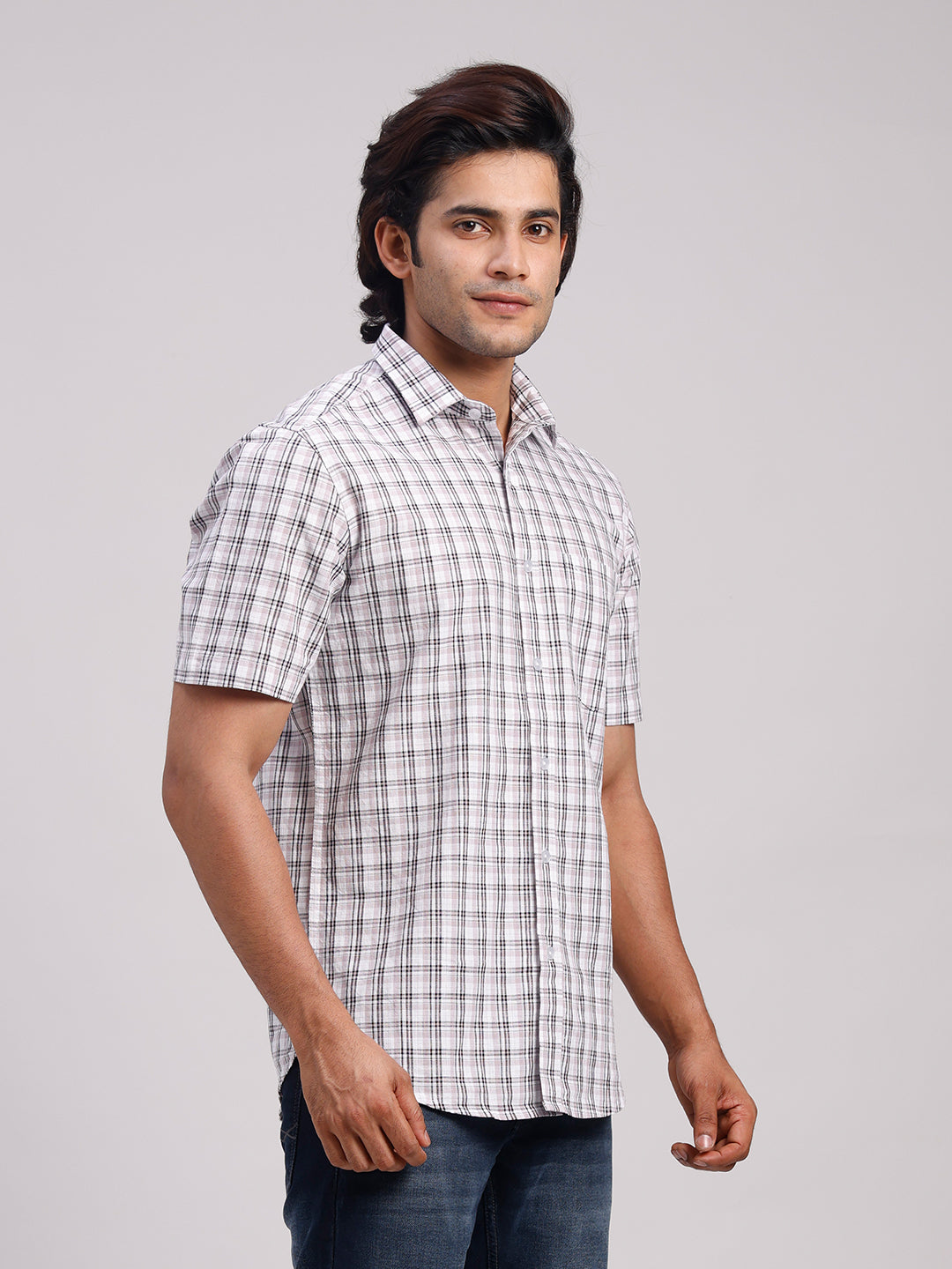 Classic Polo Men's Half Sleeve Multicolor Polo Neck Slim Fit Checked Cotton Casual Shirt | SR1-EL-13 A-HS-CHK-SF