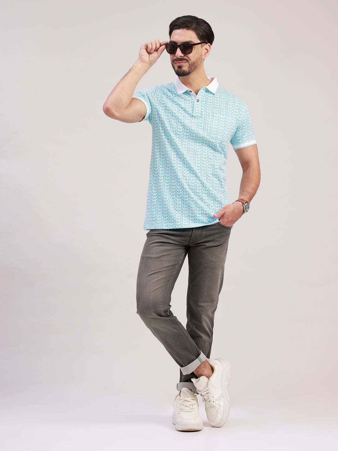 Classic Polo Men's Half Sleeve Blue/White Polo Neck Slim Fit All-Over Print Cotton T-Shirt | BELLO - 400 B SF P