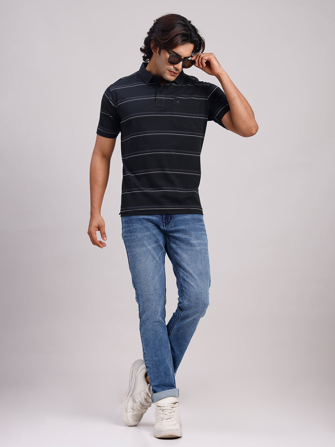 Classic Polo Men's Half Sleeve Black Polo Neck Authentic Fit Striped Cotton T-Shirt | AP - 167 B AF P