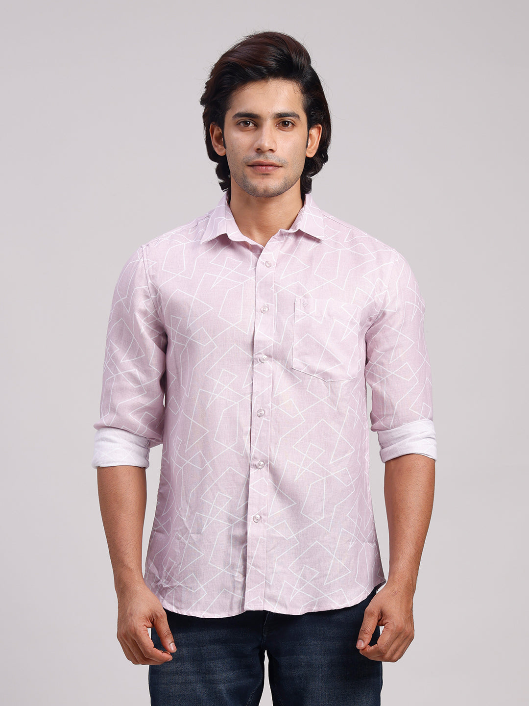 Classic Polo Men's Full Sleeve Light Mauve Polo Neck Slim Fit All-Over Print Cotton Casual Shirt | LSHR1-CL-12 B-FS-PRT-SF