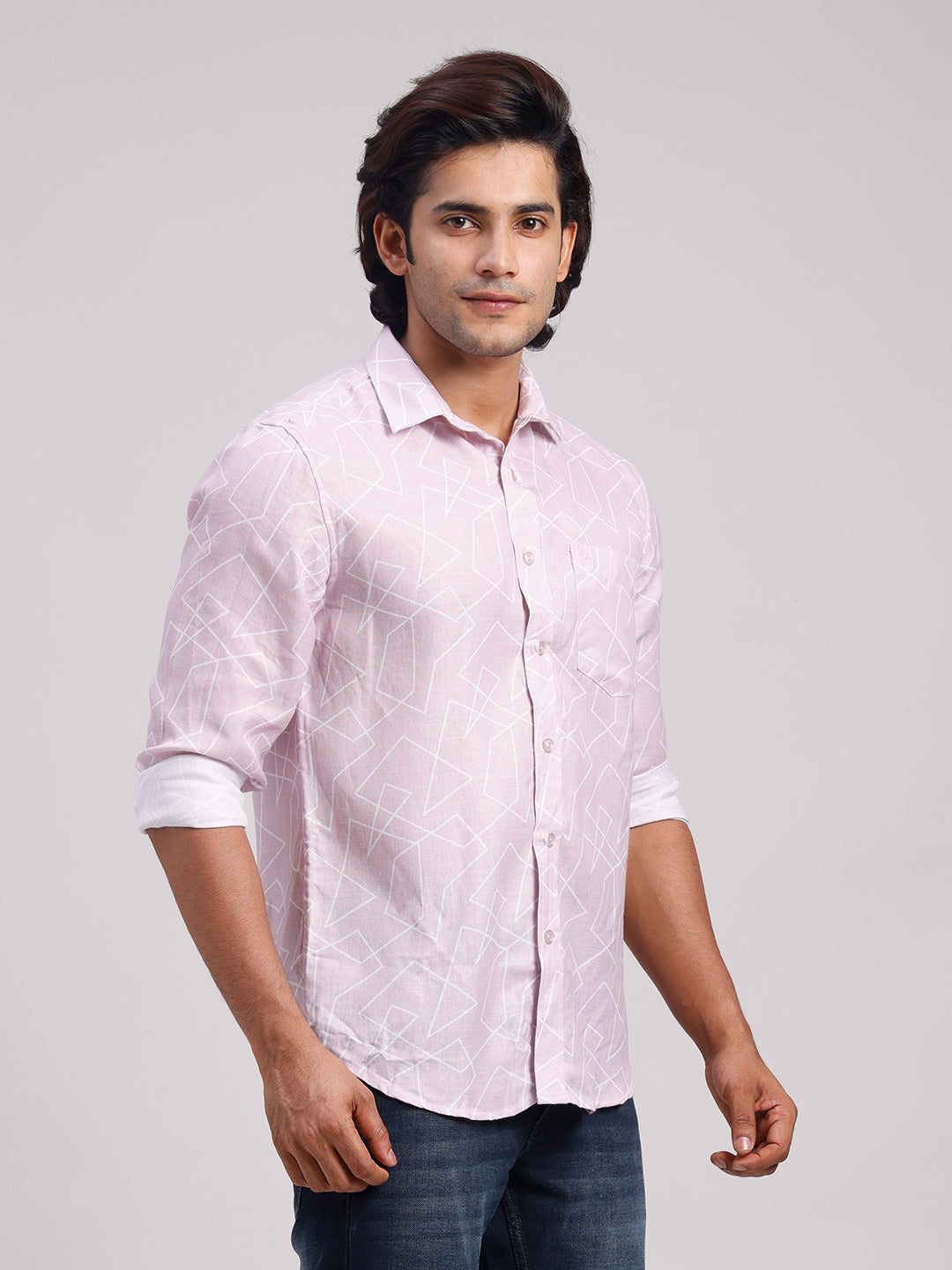 Classic Polo Men's Full Sleeve Light Mauve Polo Neck Slim Fit All-Over Print Cotton Casual Shirt | LSHR1-CL-12 B-FS-PRT-SF