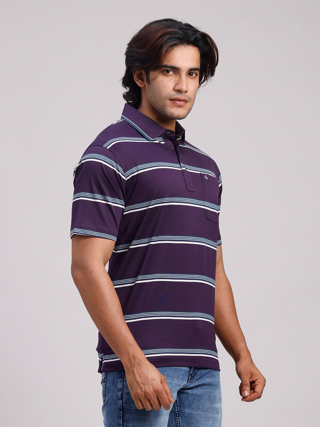 Classic Polo Men's Half Sleeve Lavender/White Authentic Fit Striped Premium Mercerised Cotton T-Shirt | ULTIMO - 359 B AF P