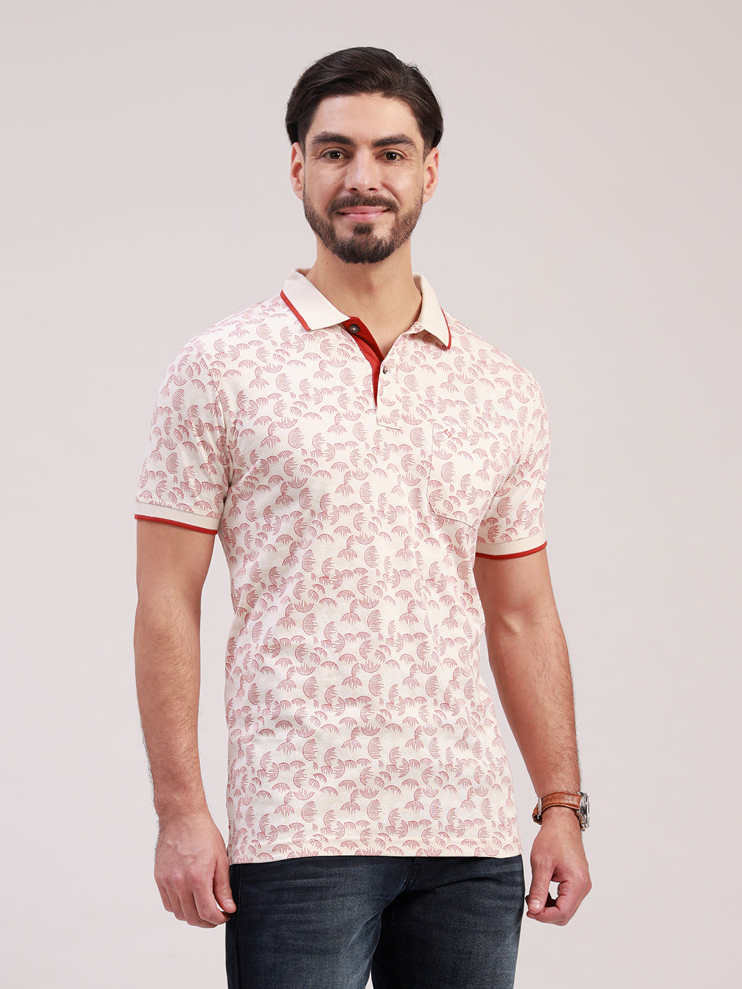 Classic Polo Men's Half Sleeve White/Red Polo Neck Slim Fit All-Over Print Cotton T-Shirt | LTS-AOP - 122 A SF P