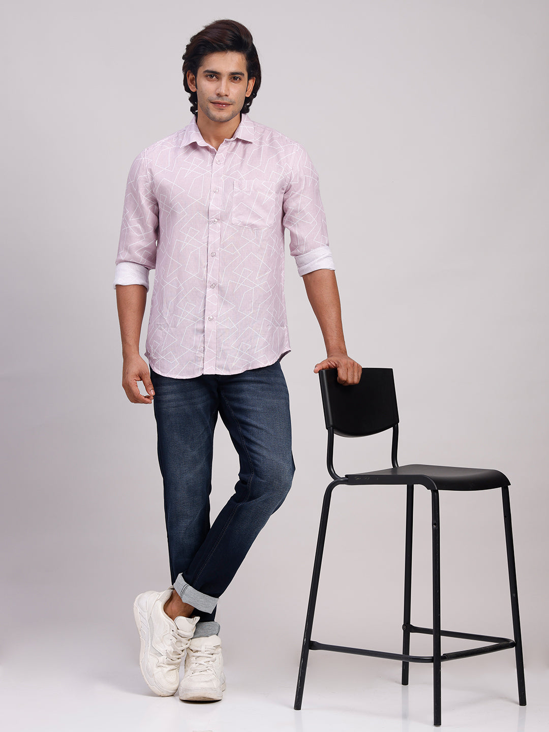 Classic Polo Men's Full Sleeve Light Mauve Polo Neck Slim Fit All-Over Print Cotton Casual Shirt | LSHR1-CL-12 B-FS-PRT-SF