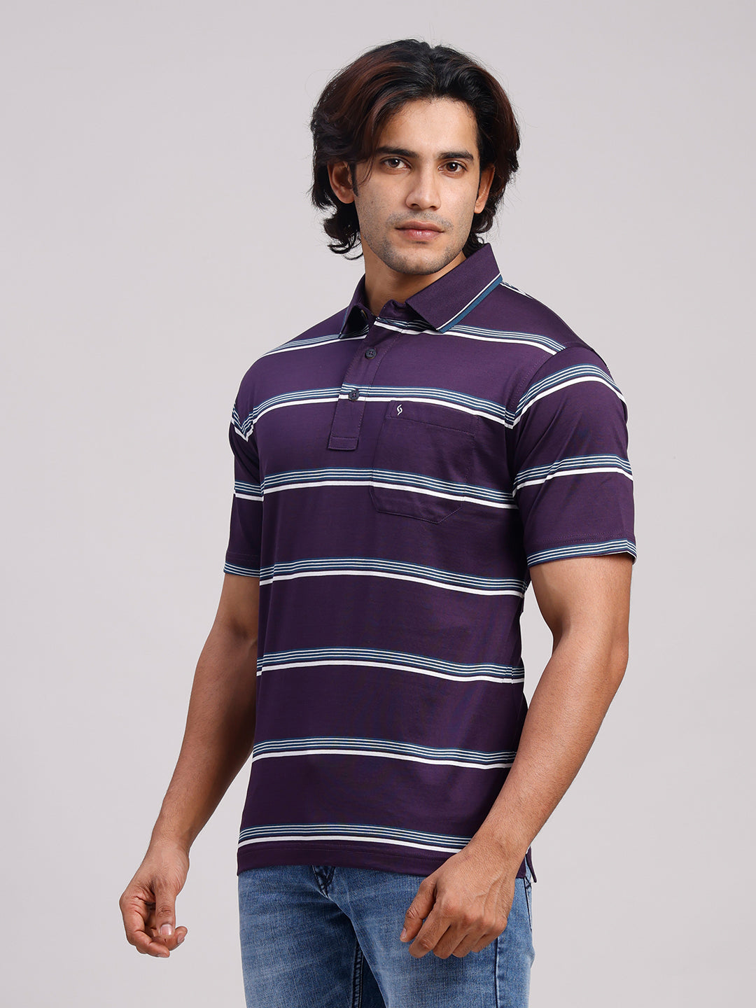 Classic Polo Men's Half Sleeve Lavender/White Authentic Fit Striped Premium Mercerised Cotton T-Shirt | ULTIMO - 359 B AF P