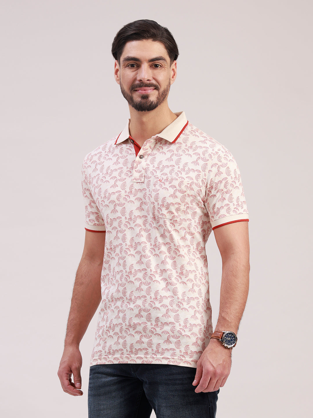 Classic Polo Men's Half Sleeve White/Red Polo Neck Slim Fit All-Over Print Cotton T-Shirt | LTS-AOP - 122 A SF P