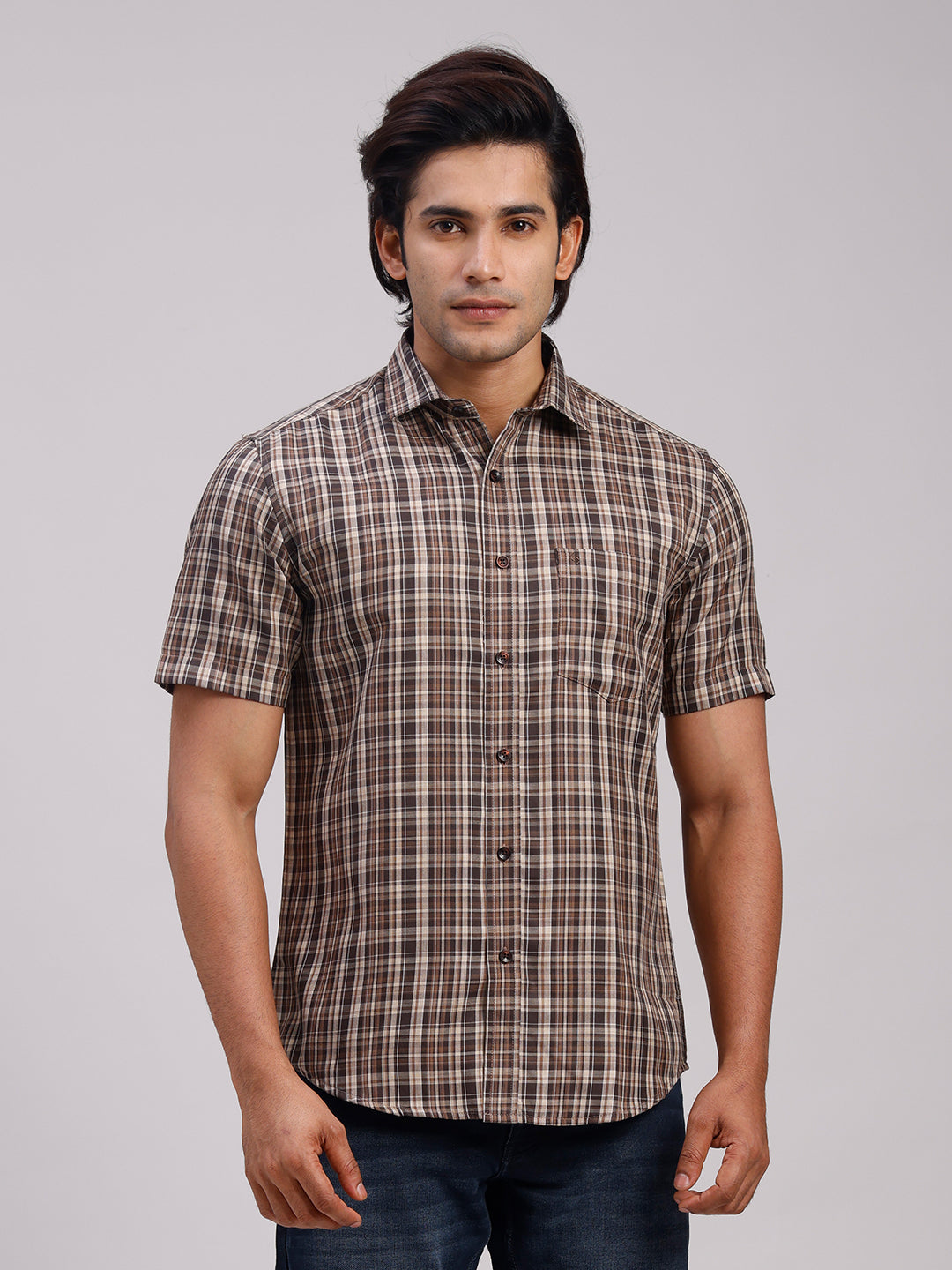 Classic Polo Men's Half Sleeve Multicolor Polo Neck Slim Fit Checked Cotton Casual Shirt | LSHR1-CL-01 B-HS-CHK-SF