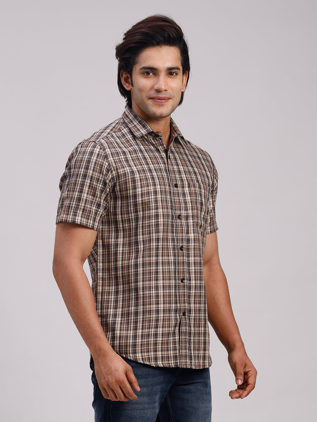 Classic Polo Men's Half Sleeve Multicolor Polo Neck Slim Fit Checked Cotton Casual Shirt | LSHR1-CL-01 B-HS-CHK-SF