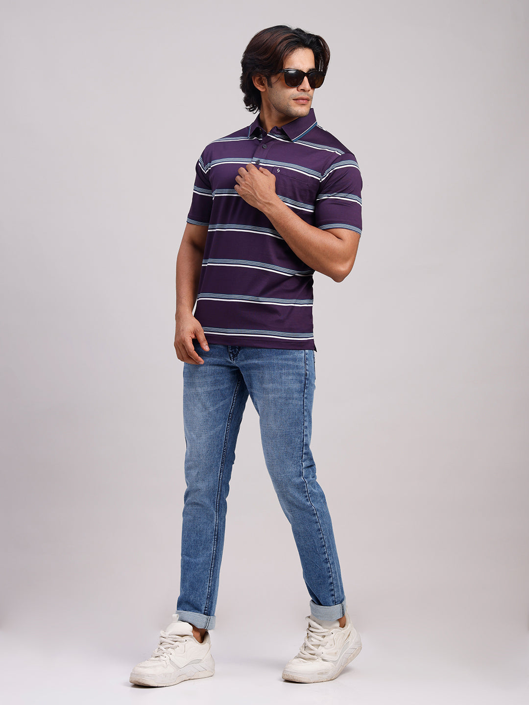 Classic Polo Men's Half Sleeve Lavender/White Authentic Fit Striped Premium Mercerised Cotton T-Shirt | ULTIMO - 359 B AF P