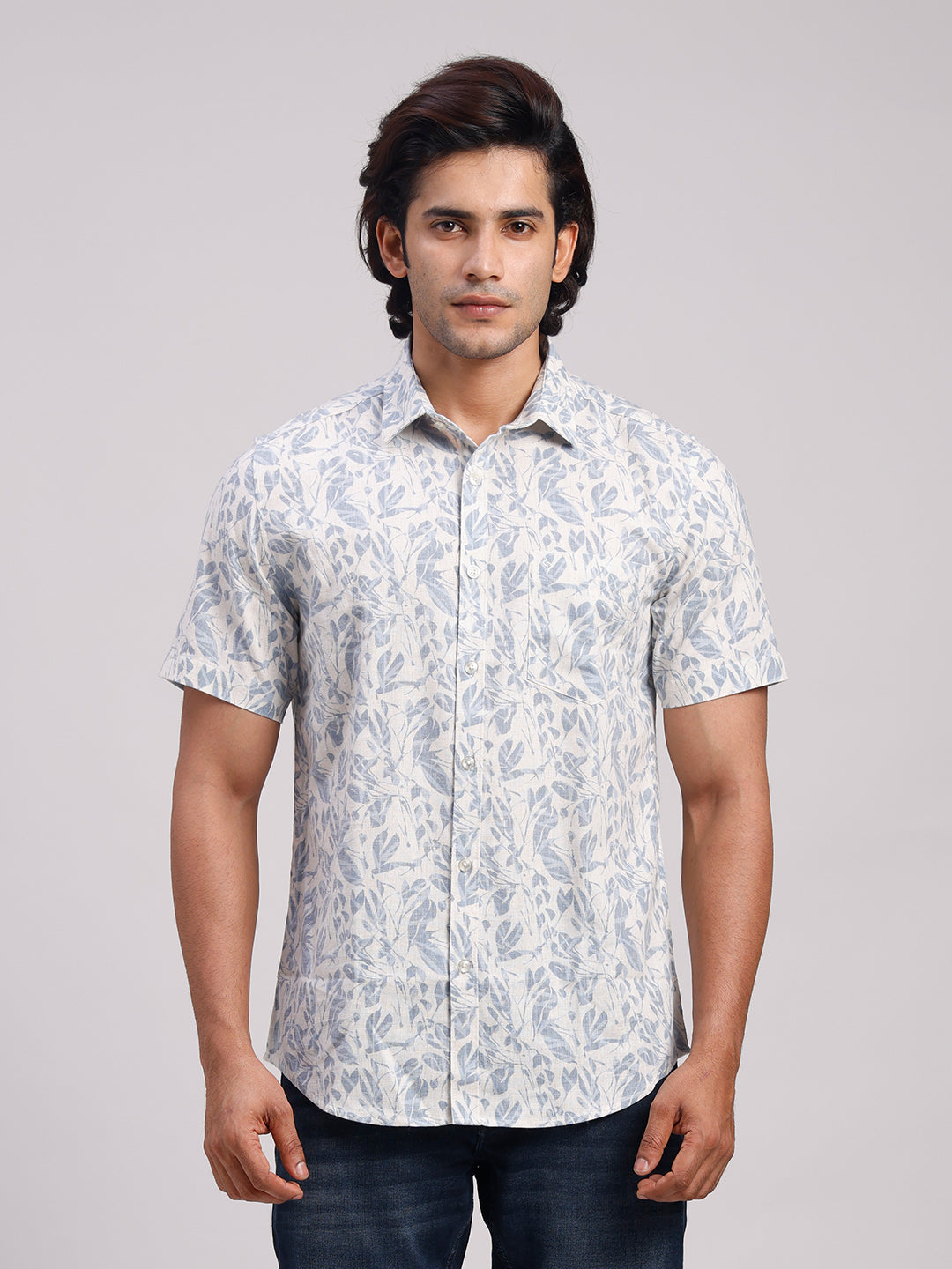 Classic Polo Men's Half Sleeve Off-White/Blue Polo Neck Slim Fit All-Over Print Cotton Casual Shirt | SR1-EL-08 C-HS-PRT-SF