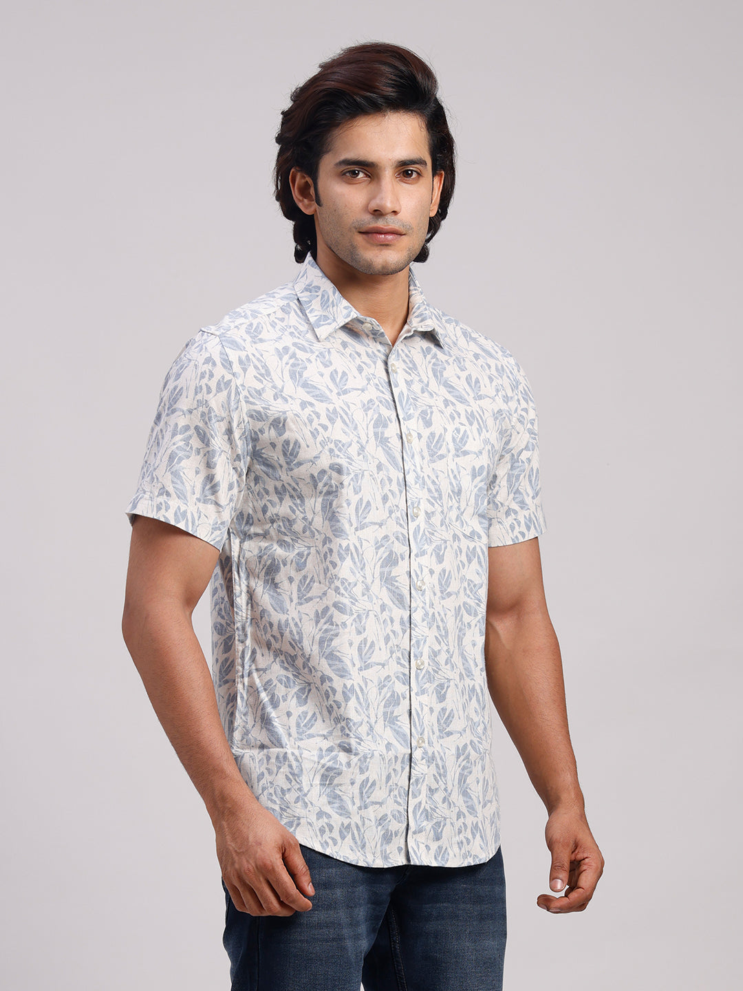 Classic Polo Men's Half Sleeve Off-White/Blue Polo Neck Slim Fit All-Over Print Cotton Casual Shirt | SR1-EL-08 C-HS-PRT-SF