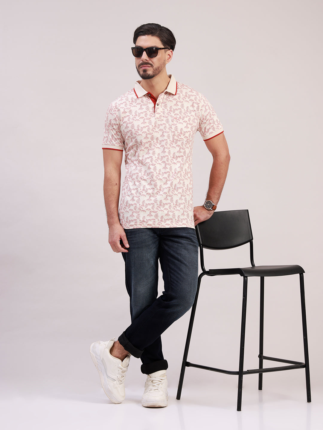 Classic Polo Men's Half Sleeve White/Red Polo Neck Slim Fit All-Over Print Cotton T-Shirt | LTS-AOP - 122 A SF P